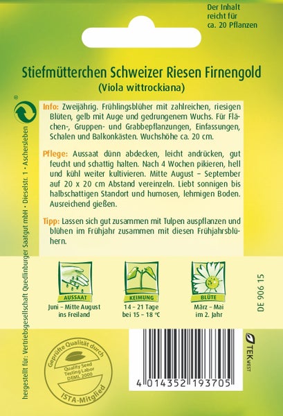 Rückseite Saatgutpackung Sommerblumen mit Informationen zu Aussaat, Keimung, Blütezeit, Wuchshöhe circa 40 bis 90 cm und Qualitätssiegeln.