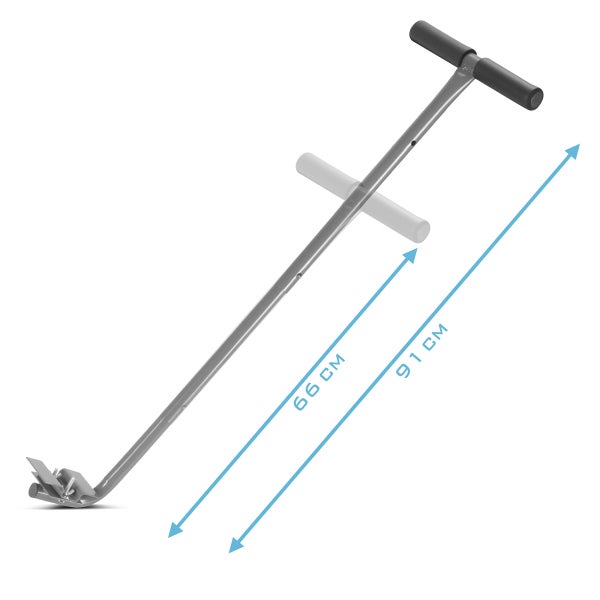 Dielenspanner aus Metall mit T-Griff, verstellbar auf eine Höhe von 66 Zentimeter und 91 Zentimeter.