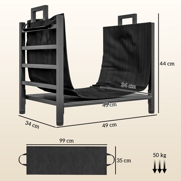 Outsunny Kaminholzregal, mit abnehmbarem Tragebeutel, für Outdoor, Indoor, bis 50 kg, 49 x 34 x 44 cm, Metall, Schwarz
