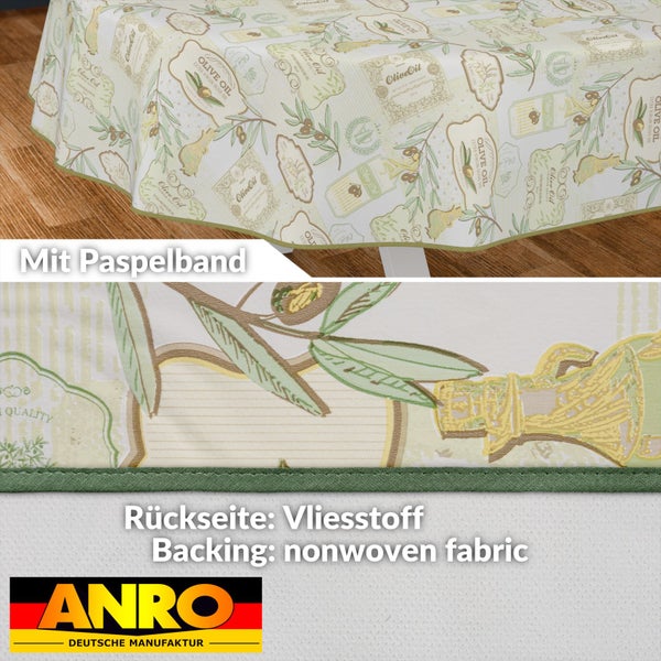 Tischdecke mit Olivenöl-Motiv und Paspelband
