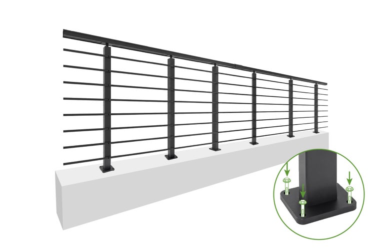 Metallgeländer für Balkon oder Terrasse mit horizontalen Streben und Bodenmontage inklusive Detailansicht der Verschraubung.