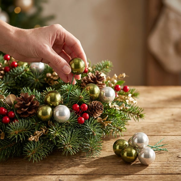 Hand beim Schmücken eines Weihnachtskranzes mit kleinen Kugeln an Drahtstielen auf einem Holztisch.