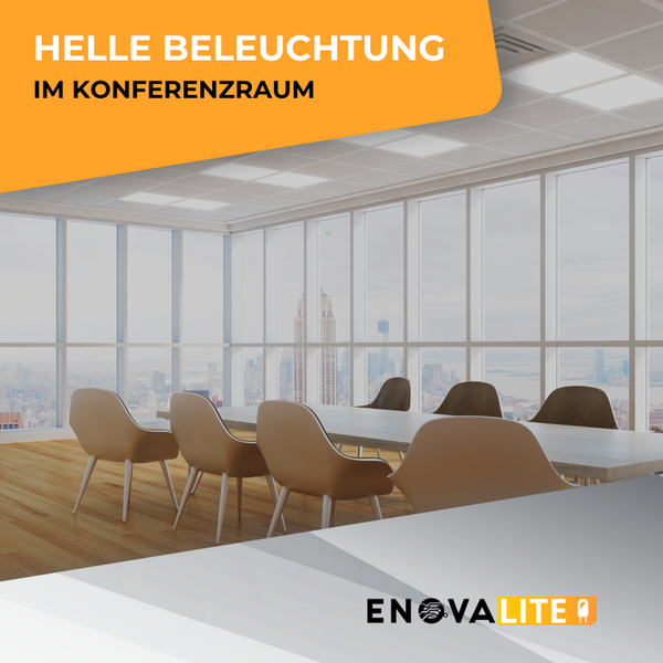 Helle Bürobeleuchtung im Konferenzraum mit EnovaLite Logo