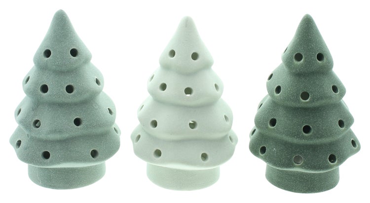 Drei dekorative Weihnachtsbäume aus Keramik