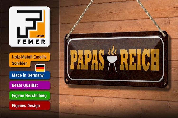 Blechschild Spruch 27x10cm Papas Reich Grill Dekoration