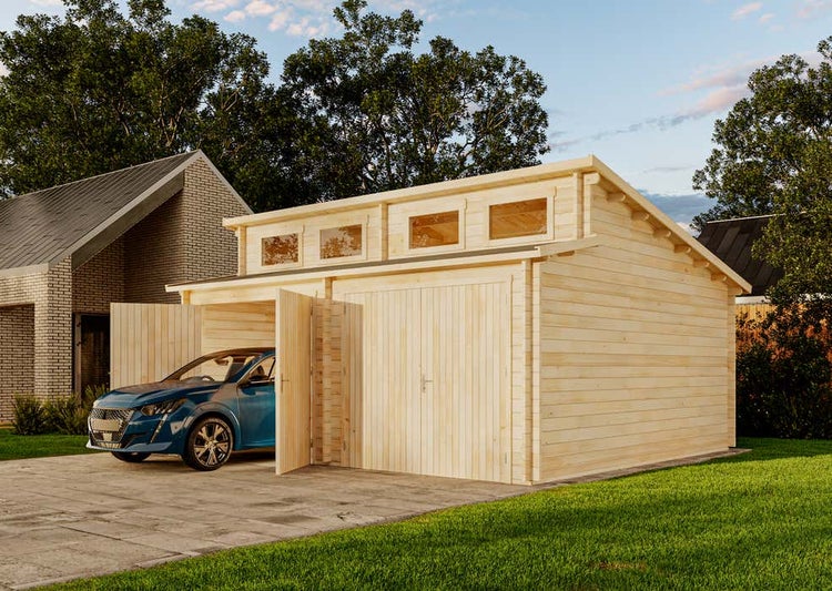 Alpholz Doppelgarage Sandvig 44 ISO Garage aus Holz, Unterstellplatz mit 44 mm Wandstärke, Fertiggarage mit Montagematerial, Naturbelassen 5,9x5,4m