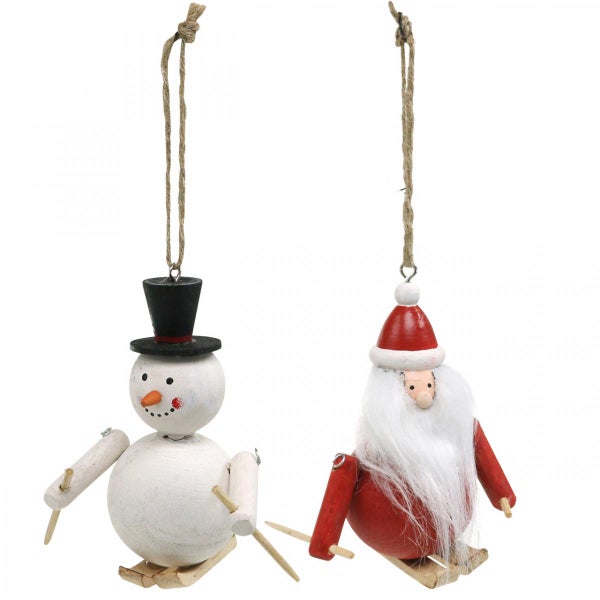 Dekorative Figuren eines Schneemanns und Weihnachtsmanns zum Aufhängen