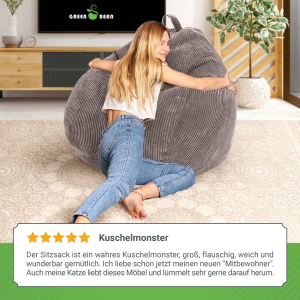 Green Bean Indoor Sitzsack 90x110cm EPS-Perlen Füllung & Cordstoff Kuschelig Weich Waschbar - Drinnen Bodenkissen Liegekissen Sitzkissen Sitzhocker Relax-Sessel Kinder Erwachsene Stoff Grau