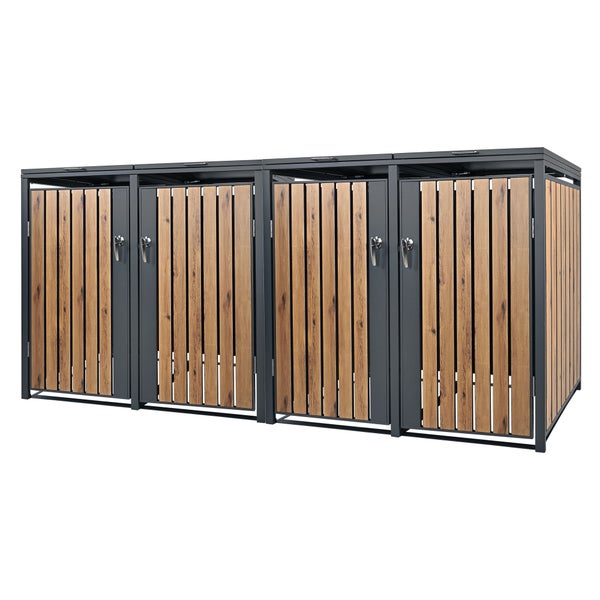 ML-Design Mülltonnenbox 4er 4 Tonnen 240L 264x80x116,3cm Anthrazit-Eichenoptik, Stahl, wetterfest/abschließbar Mülltonnenverkleidung Klappdeckel/4 Türen, Müllbox Mülltonnecontainer Mülltonnenabdeckung