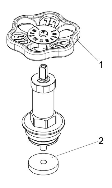 Technische Explosionszeichnung eines Ventil-Oberteils mit Handrad und Dichtung.