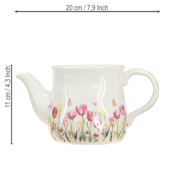 Dekorative Keramik Teekanne mit buntem Tulpenmuster und Schmetterlingen, Breite 20 Zentimeter, Höhe 11 Zentimeter.