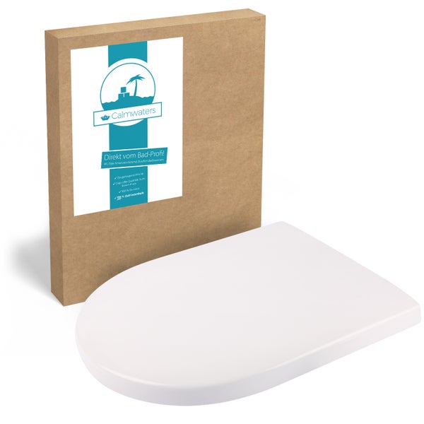 Weißer WC-Sitz vor einer Kartonverpackung mit Calmwaters Logo.
