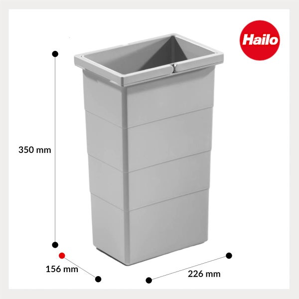 Grauer Hailo Mülleimer-Einsatz mit Maßen 350 Millimeter Höhe, 156 Millimeter Breite und 226 Millimeter Länge. Hailo Logo.