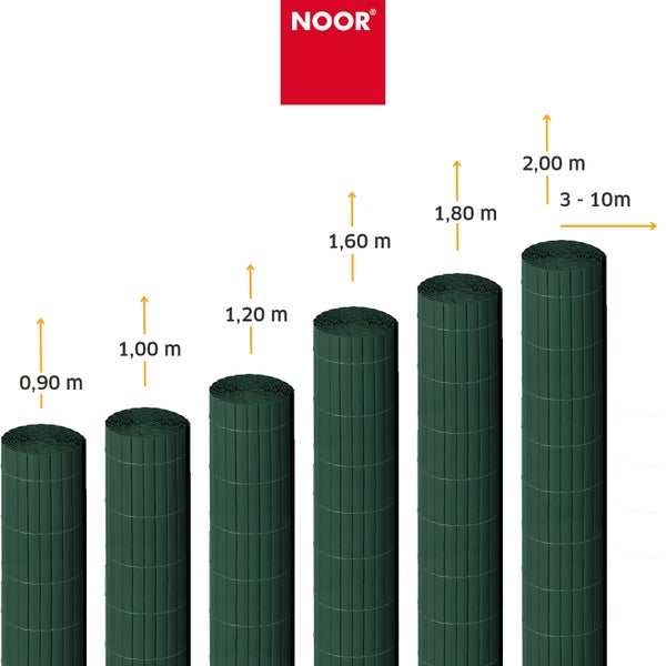 Noor Logo und verschiedene Sichten einer Sichtschutzmatte als Rollenware in unterschiedlichen Höhen von 0,90 Meter bis 2,00 Meter.