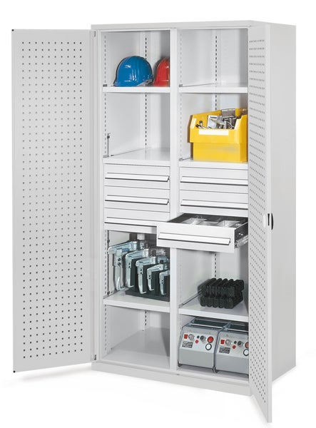 Werkzeugschrank mit Regalen, Schubladen und Werkzeugen