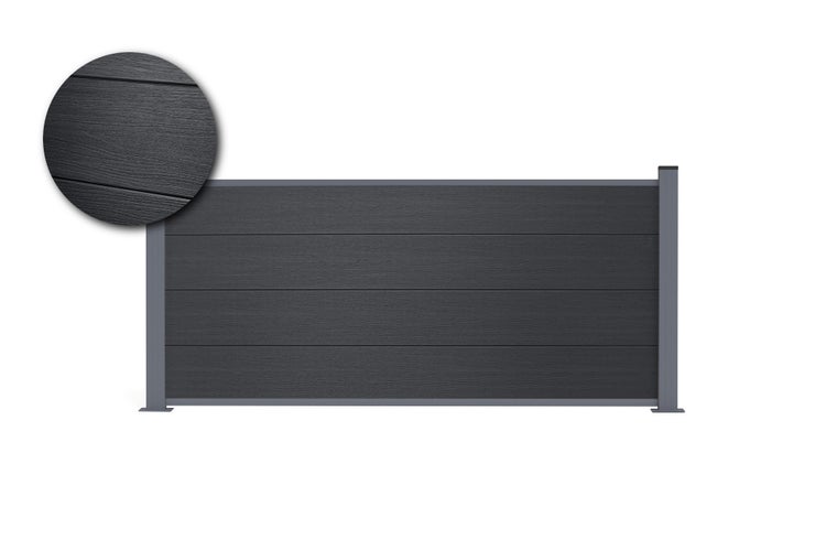 Sichtschutzzaun aus WPC in Anthrazit mit Holzmaserung, bestehend aus horizontalen Paneelen und zwei Pfosten mit Detailansicht der Oberfläche.