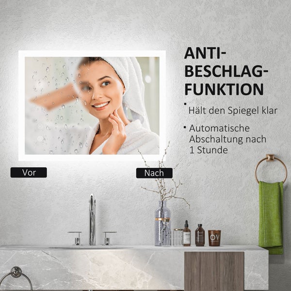 kleankin Badspiegel, Badezimmerspiegel mit LED-Beleuchtung, Lichtspiegel mit Touchschalter, Memory-Funktion, 70 x 50 cm beschlagfreier Wandspiegel mit 3 Lichtfarben, IP44 Wasserdicht