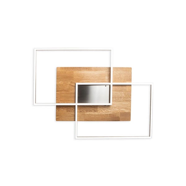 Moderne LED Wandleuchte mit Holzplatte und zwei quadratischen Lichtrahmen aus Metall.