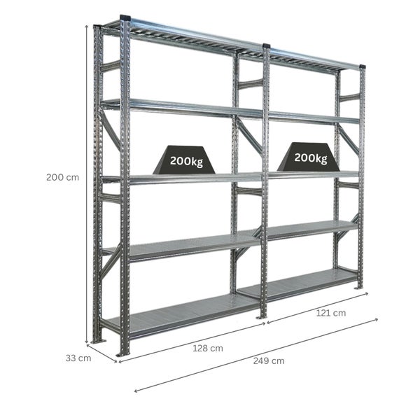 Metallregal mit den Maßen 200 x 249 x 33 cm und einer Traglast von 200 kg pro Regalboden