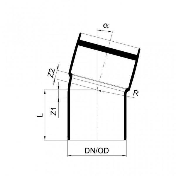 Technische Zeichnung eines Rohrbogens mit Maßangaben für Winkel, Durchmesser und Längen.