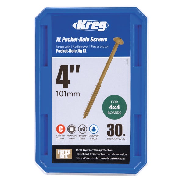 Kreg XL Taschenlochschrauben, 101 Millimeter, Grobgewinde, Maxi-Loc Kopf, Quadratantrieb, Protec-Kote Beschichtung, 30 Stück.