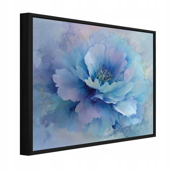 Wandbild mit abstraktem Blumenmotiv in einer schwarzen Holzrahmenoptik in perspektivischer Ansicht.