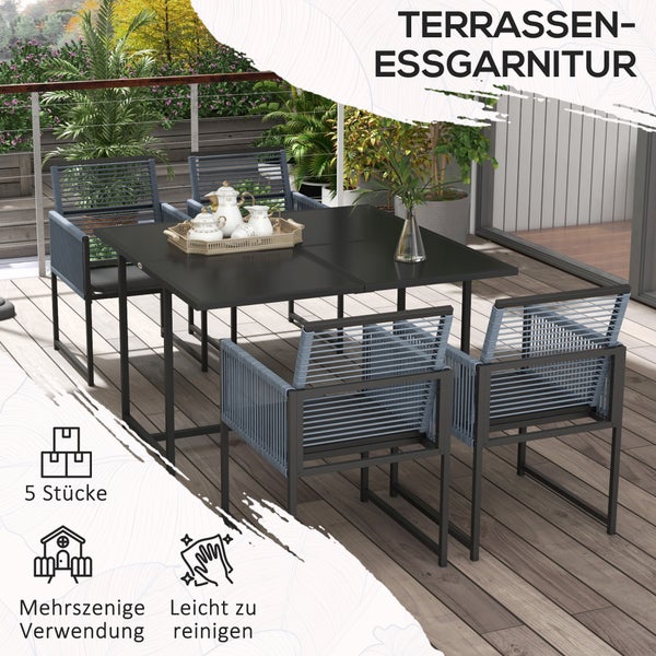 Outsunny Sitzgruppe 5 tlg. Essgruppe für 4 Personen Esstisch mit 4 Stühlen Esszimmergruppe mit Klappstühle Küchentisch-Set mit Stahlgestell Balkonmöbel Gartenmöbel für Terrasse, Balkon Dunkelgrau
