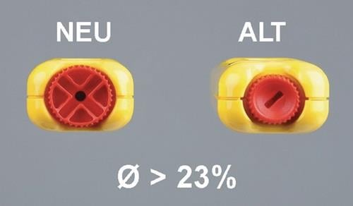 Vergleich zwischen neuem und altem Düsendesign mit einer Durchmesservergrößerung von über 23 Prozent.