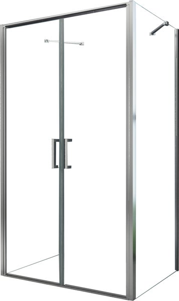 Eckige Duschkabine mit Doppel-Drehtüren, Klarglas und silbernen Metallprofilen.