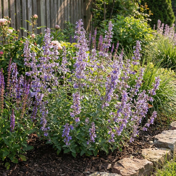 Blühende Katzenminze im Gartenbeet mit Rindenmulch und Natursteinkante vor einem Holzzaun.
