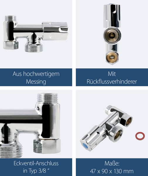 Geräte-Eckventil Eckfix | chrom | mit Geräteanschluss | Anschluss: 3/8 x 3/8 x 3/4 Zoll | Rückflussverhinderer | für nachträglichen Anschluss von Wasch- oder Spülmaschine | Messing | 170093