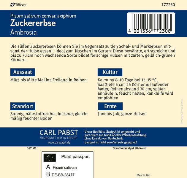 Rückseite der Saatgutpackung für Zuckererbse Ambrosia von Carl Pabst mit Informationen zu Aussaat, Kultur, Standort, Ernte und Carl Pabst Logo.