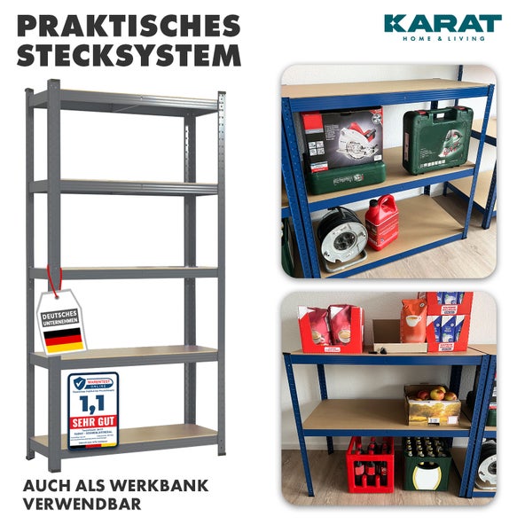 Karat Home and Living Logo. Schwerlastregal mit 5 Holzböden, Stecksystem, auch als Werkbank nutzbar. Deutsches Unternehmen, Testurteil sehr gut.