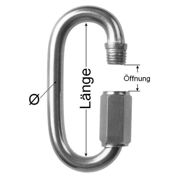 Schnellverbindungsglied aus Metall mit Gewindehülse und Maßangaben für Länge und Öffnungsweite