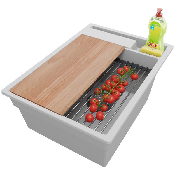 PRIMAGRAN Spülbecken Grau 38x53cm, Granitspüle 1 Becken + Ablauf-Set + Küchenzubehörset, Küchenspüle ab 40er Unterschrank - Oslo Pocket