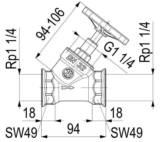 Technische Zeichnung Schrägsitzventil mit JS Logo, Nennweite 32, Gewinde ein einviertel Zoll, Länge 94 Millimeter und Höhe 94 bis 106 Millimeter.