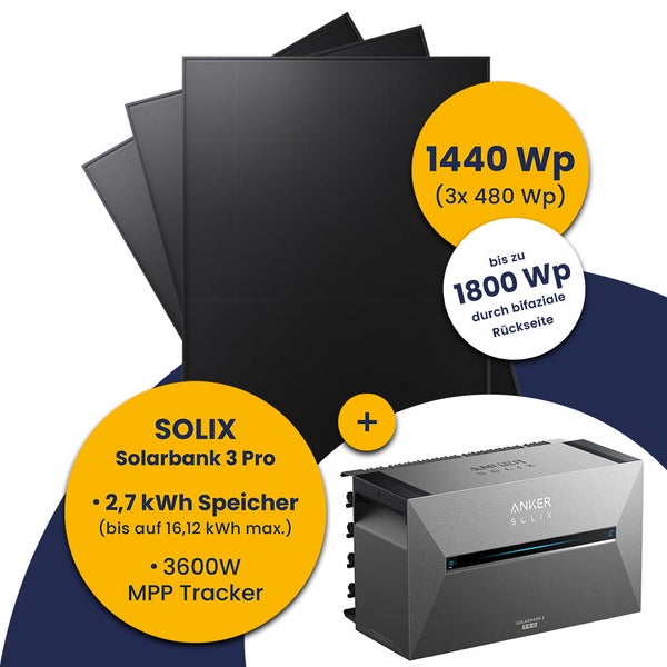 Anker SOLIX Balkonkraftwerk Set mit drei bifazialen Solarmodulen 1440 Watt Peak und Solarbank 3 Pro mit 2,7 Kilowattstunden Speicher.