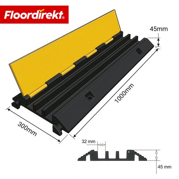 Kabelbrücke mit 3 Kanälen und Klappdeckel, 1000 Millimeter lang, 300 Millimeter breit, 45 Millimeter hoch, Floordirekt Logo.