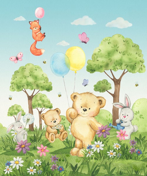 Illustration einer sommerlichen Szene mit Tieren, Blumen und Ballons