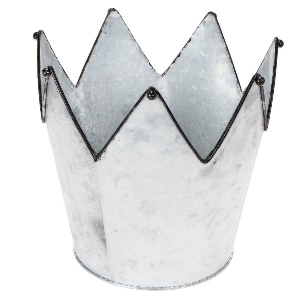 Pflanztopf in Kronenform aus verzinktem Metall mit dekorativen Kugeln an den Spitzen.