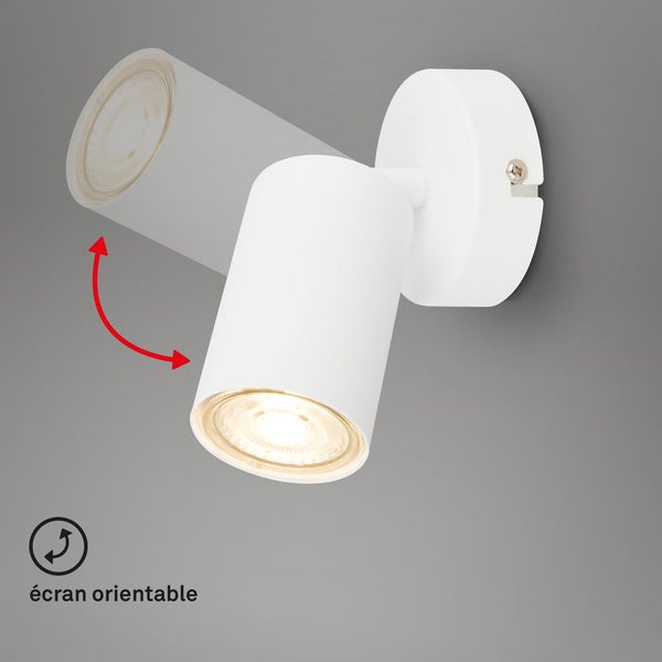 Schwenkbarer Wandstrahler in Weiß mit zylindrischem Lampenkopf.
