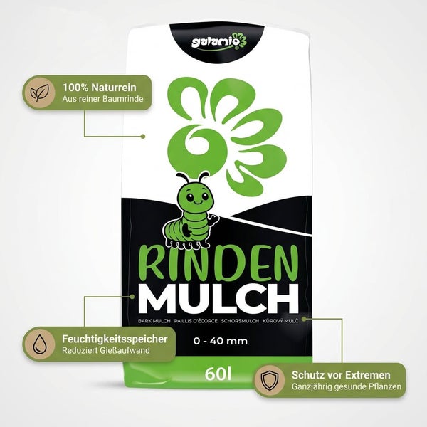 Galamio Rindenmulch 60 Liter aus 100 Prozent reiner Baumrinde, Körnung 0 bis 40 Millimeter, dient als Feuchtigkeitsspeicher und Pflanzenschutz.