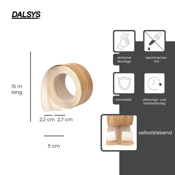 Dalsys Logo, selbstklebendes Umleimer-Band, Holzoptik, 15 Meter, 5 Zentimeter breit, einfache Montage, weichmacherfrei, formstabil, alterungsbeständig.