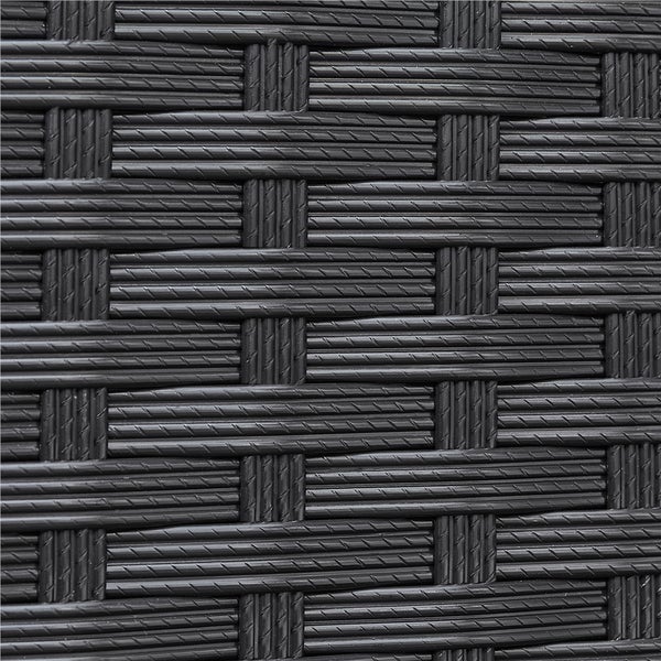Detailansicht eines schwarzen Polyrattan-Geflechts mit strukturierter Oberfläche für Gartenmöbel oder Sichtschutz.