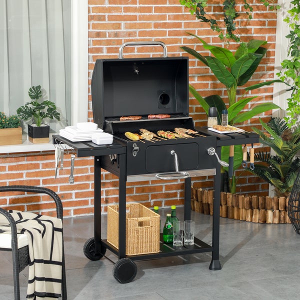 Outsunny Holzkohlegrill mit Ablageflächen und Thermometer