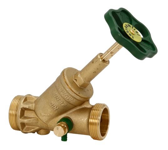 Schrägsitzventil aus Messing Nennweite 32 mit Außengewinde, grünem Handrad und Entleerung.