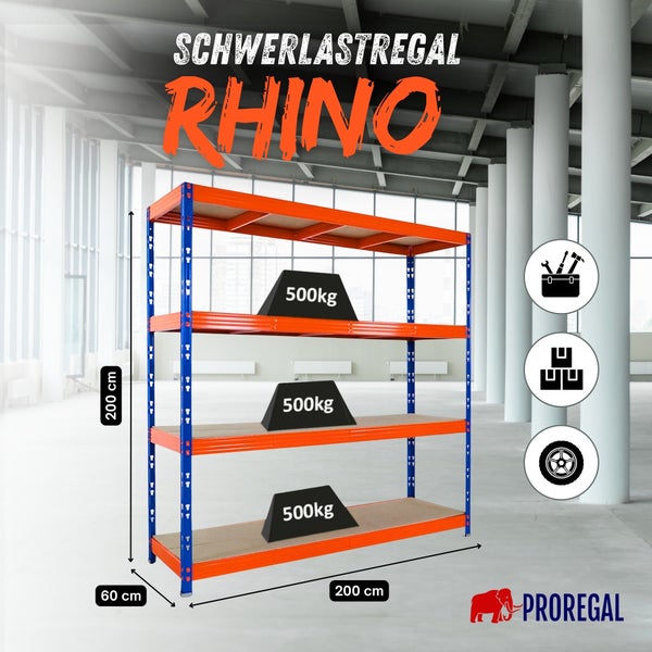 ProRegal Schwerlastregal Rhino mit 4 Böden, 500 Kilogramm Tragkraft pro Boden, Maße 200 mal 200 mal 60 Zentimeter, für Werkstatt und Lager.