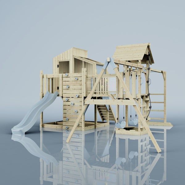 Holzspielplatz mit Rutsche, Schaukel und Kletterwand für Kinder