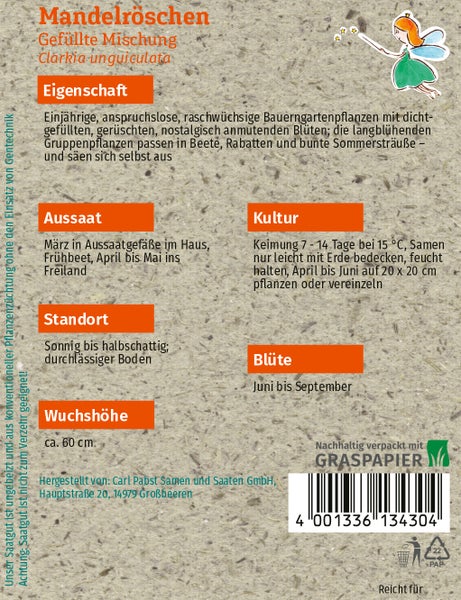 Rückseite der Samentüte Mandelröschen Gefüllte Mischung mit Infos zu Aussaat, Standort, Wuchshöhe von circa 60 cm, Blütezeit und Graspapier-Logo.