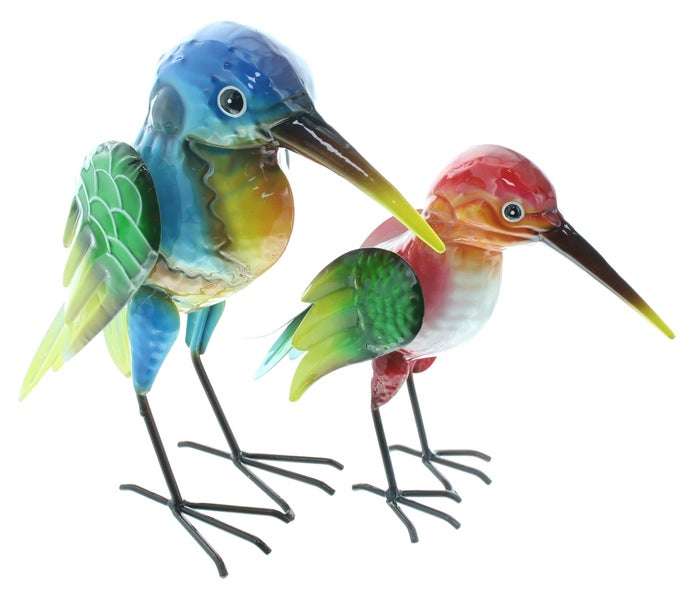Zwei dekorative Gartenfiguren aus Metall in Vogelform, ein bunter Vogel in Blau und Grün sowie ein kleinerer Vogel in Rot und Orange.